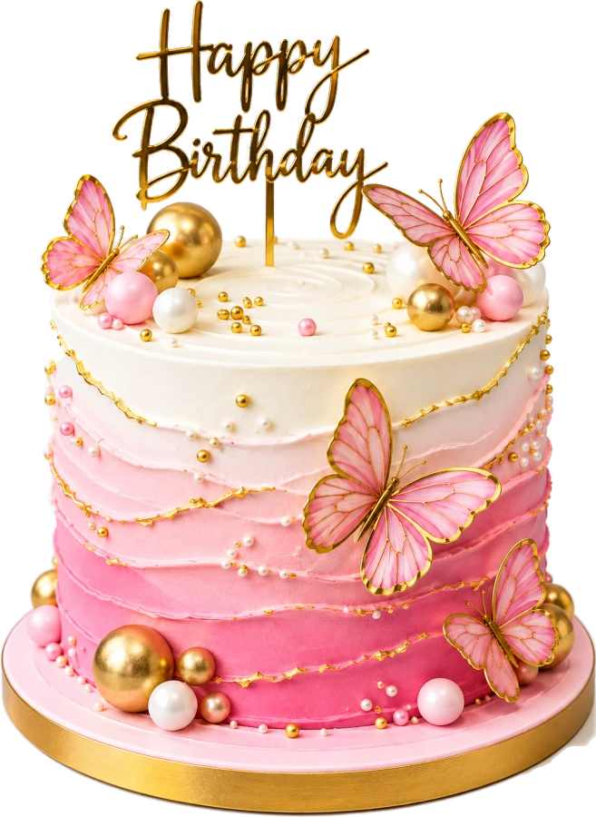 Tall pink ombré buttercream cake with gold-edged pink butterflies, gold and pearl spheres, and a gold Happy Birthday topper, on a gold board